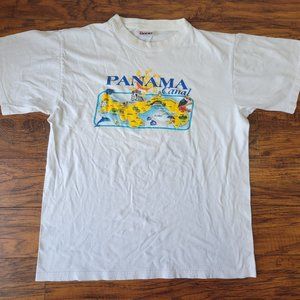 Vintage Tropic Plus PANAMA CANAL Central America Map Travel White Shirt sz XL